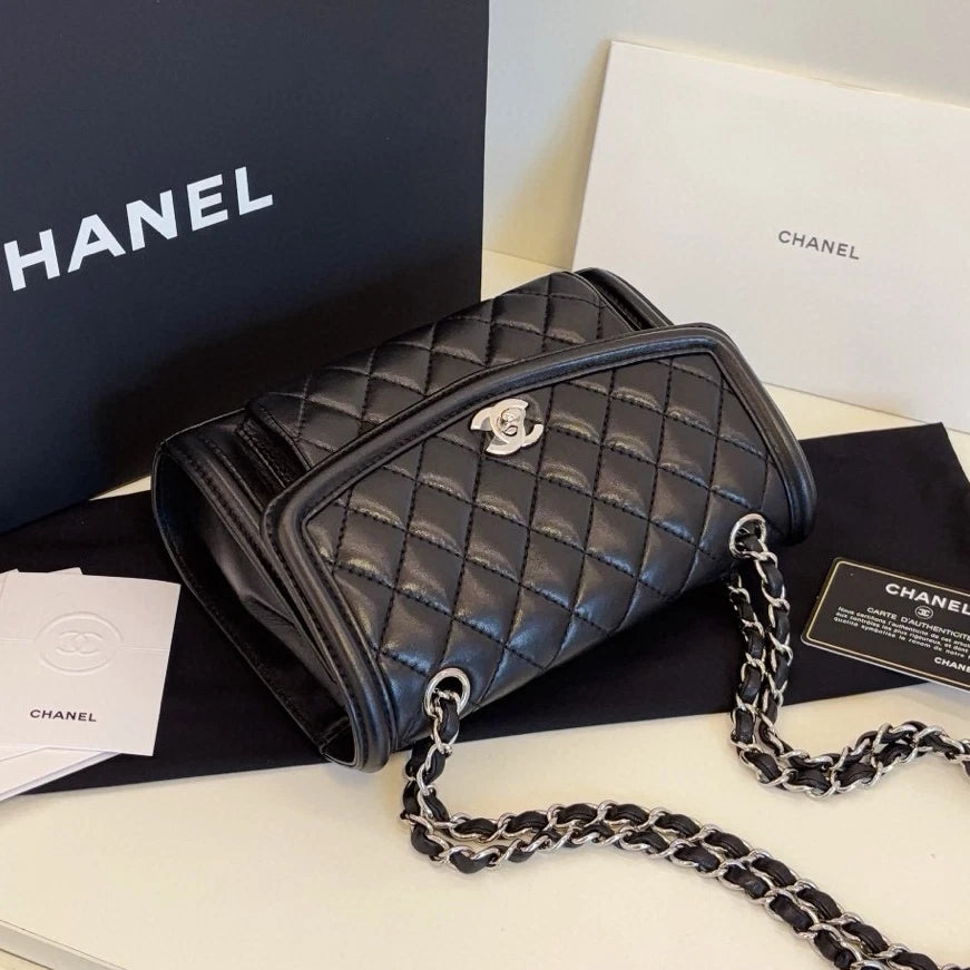 Chanel Classic Flap PM Chain Shoulder Crossbody Black Silver Diamond Women