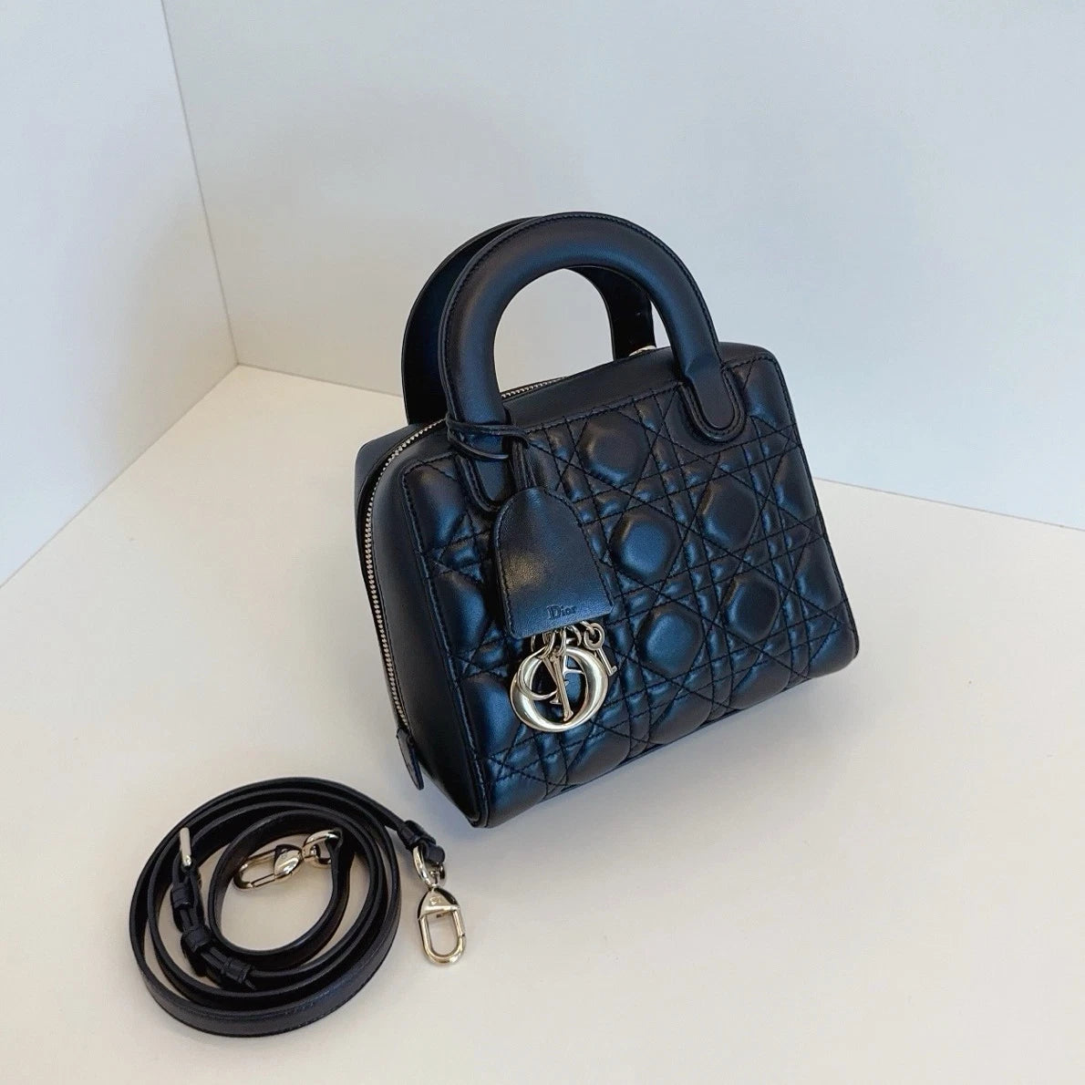 Christian Dior Lily Cannage 2-Way Black Top Handle Bag Crossbody Gold Hardware