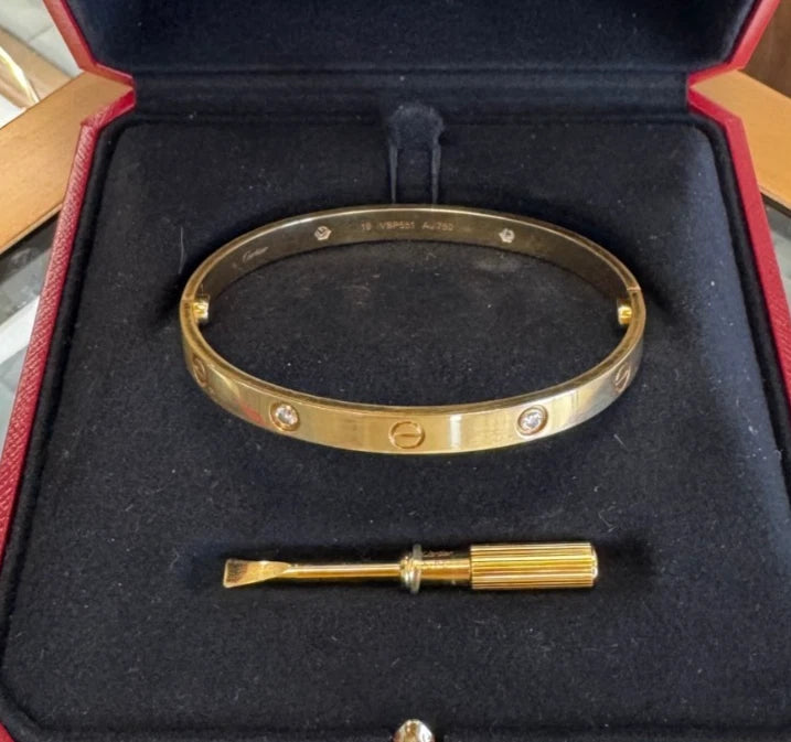 Cartier Love Classic Bracelet 4 Diamonds 18K Yellow Gold Double Screw Bangle