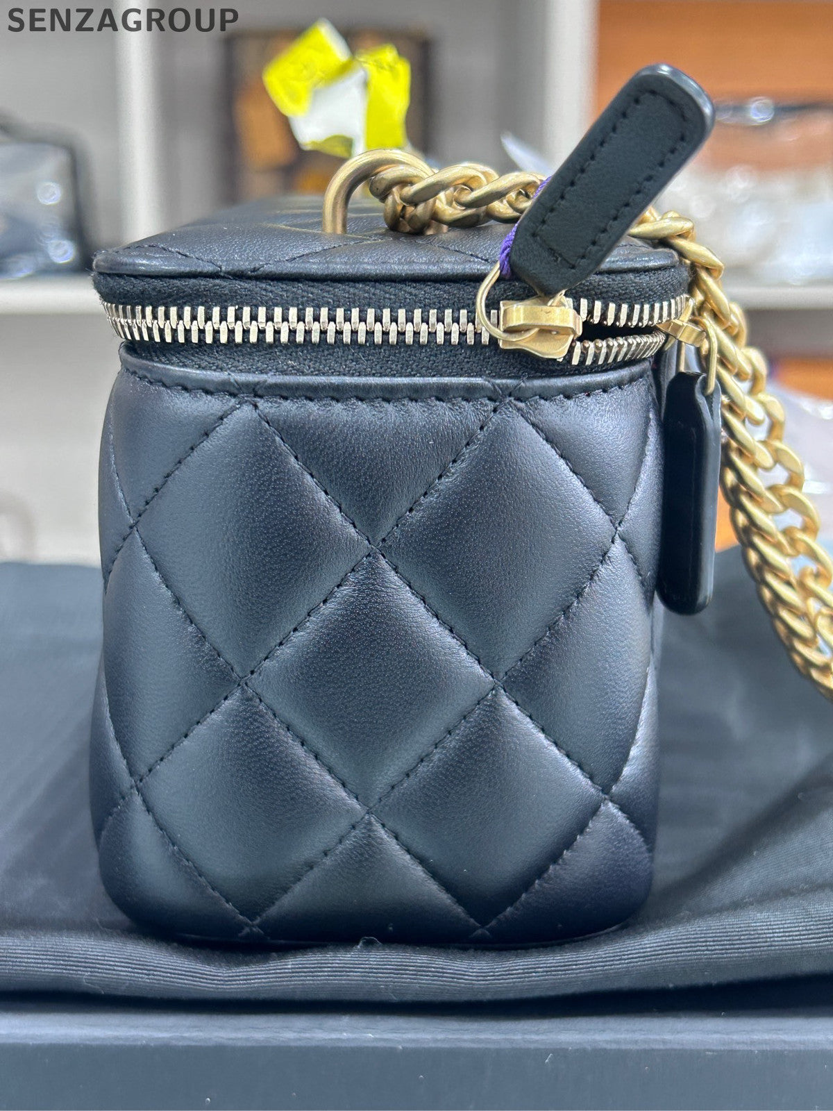 Chanel Classic Black Gold Quilted Square Flap Bag Chain Shoulder Crossbody