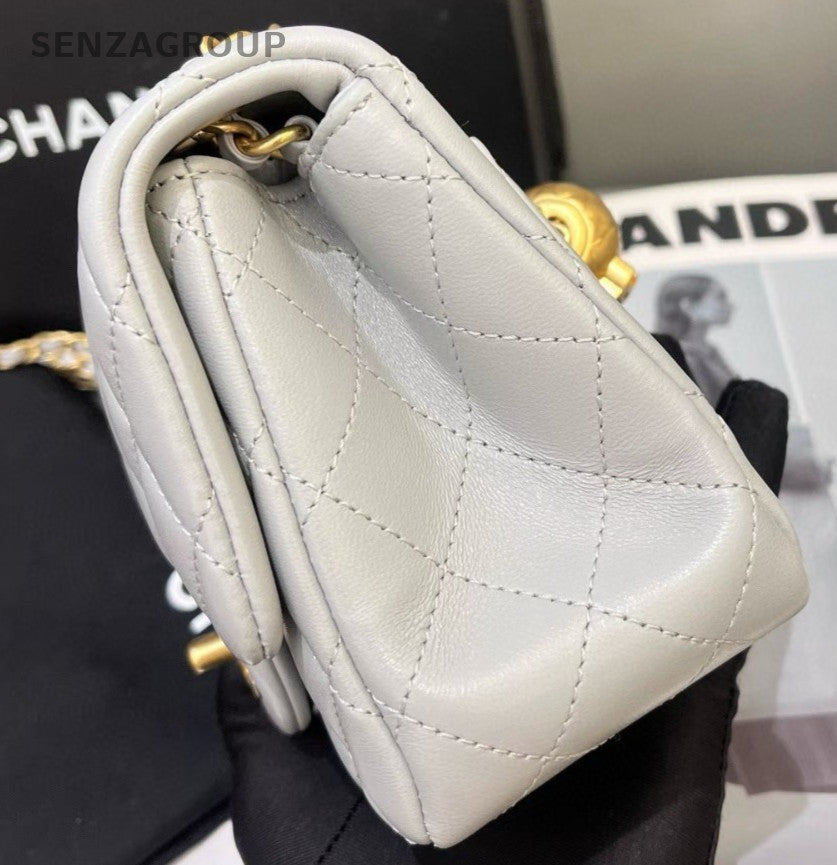 Chanel 24K Chain Shoulder Bag Crossbody Gray Gold Women Diamond