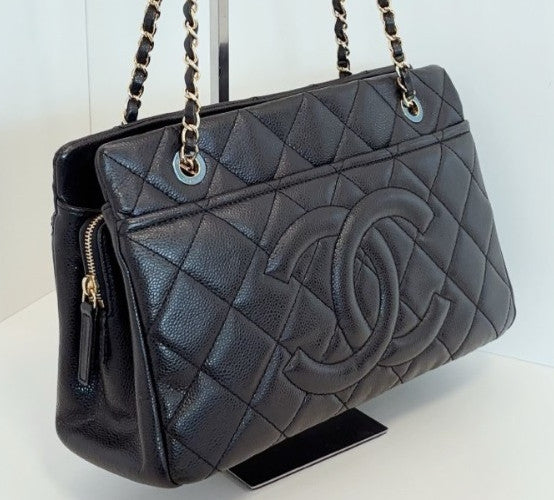 Chanel Calfskin PM Tote Chain Shoulder Bag Black Gold Women Classic Diamond