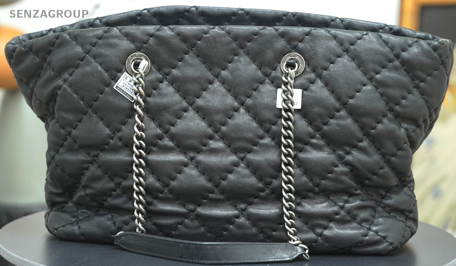 CHANEL Classic External suture line tote Shoulder bag Black Silver