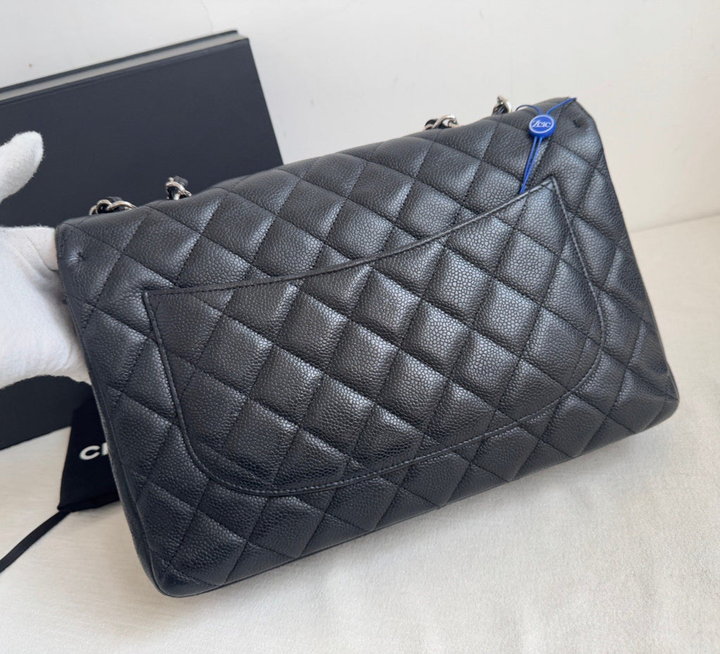 Chanel Classic Flap Jumbo Chain Shoulder Bag Crossbody Black Silver Women