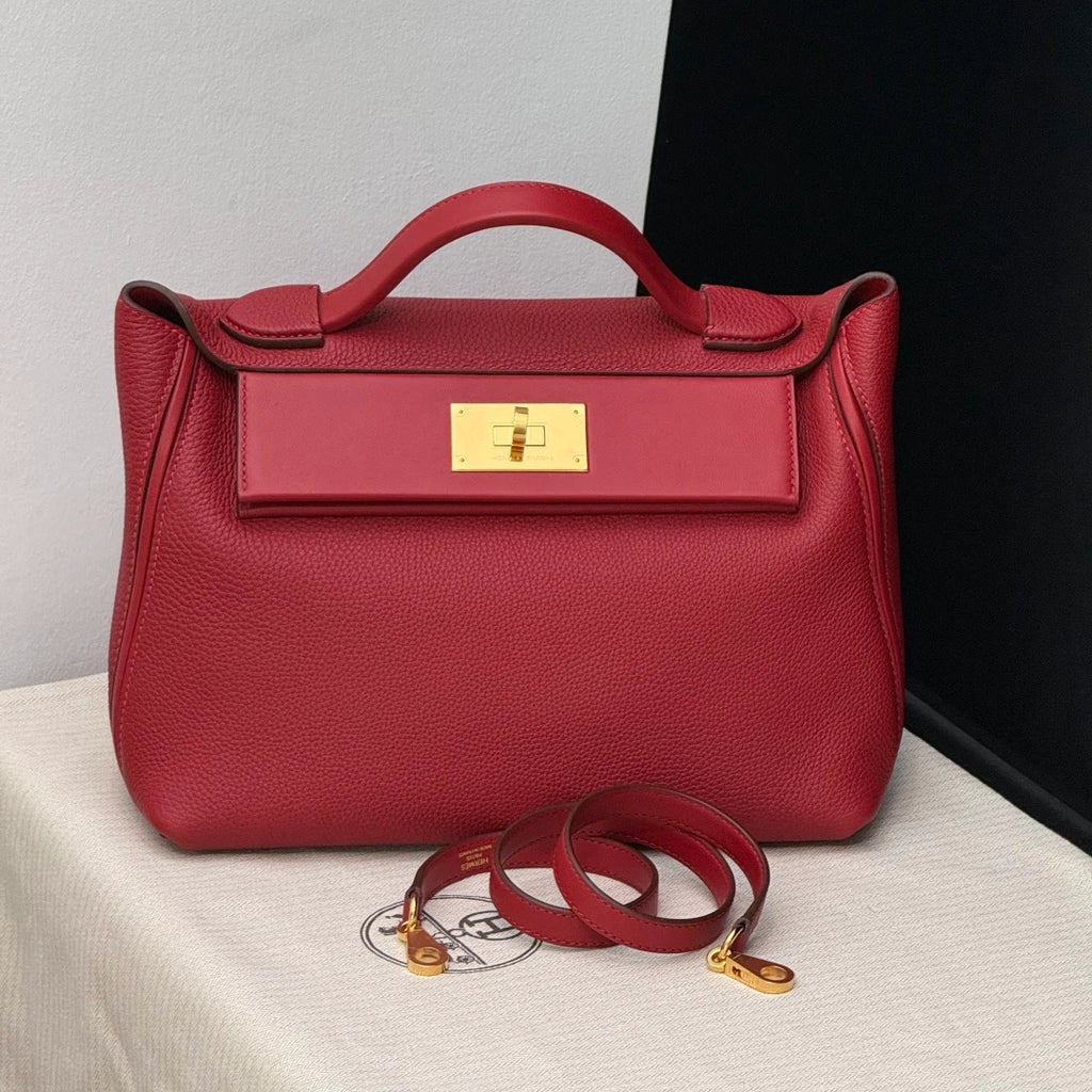 Excellent Condition Hermes 2424 2Way Red Top Handle Bag Crossbody Gold Hardware