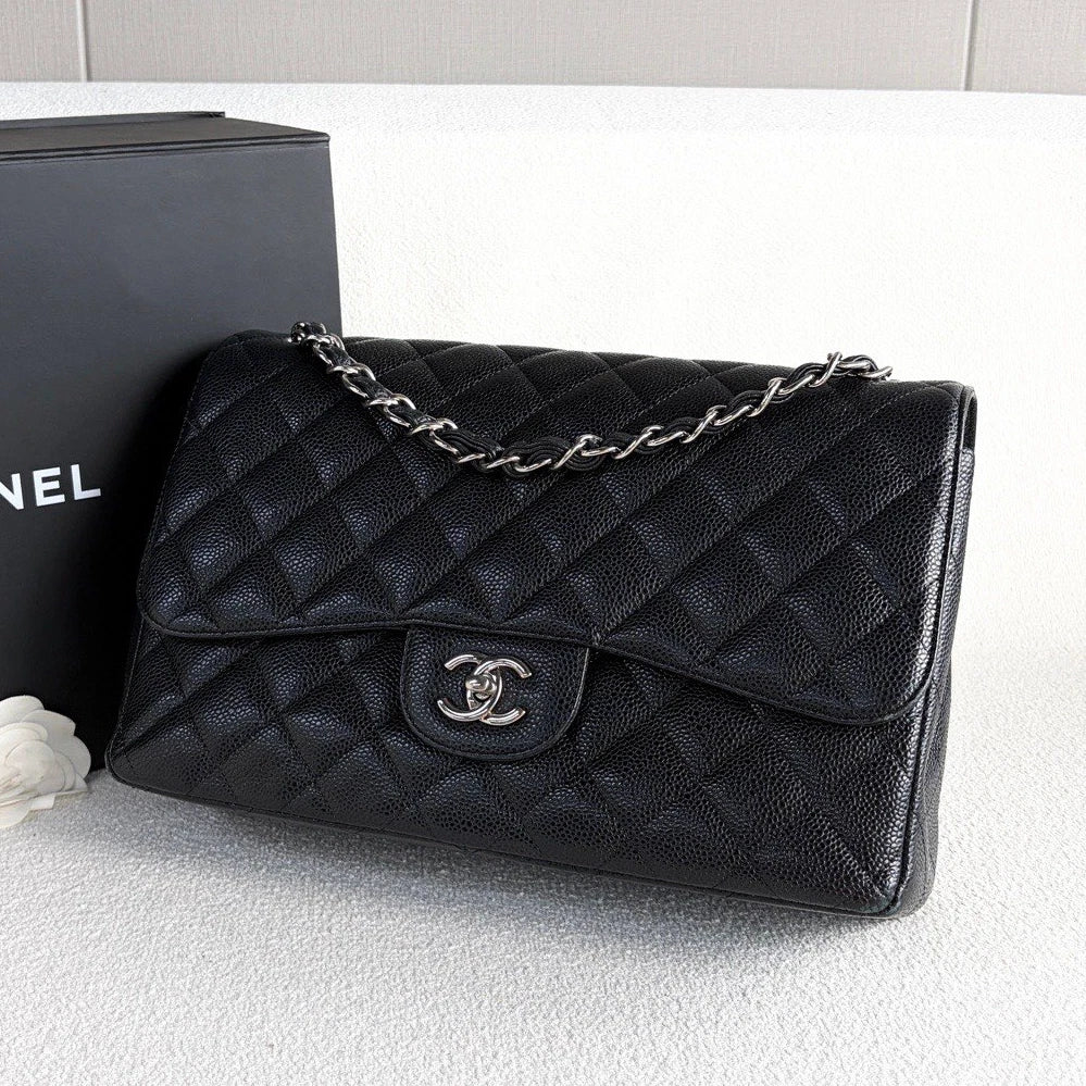 Chanel Classic Flap Jumbo Chain Shoulder Bag Crossbody Black Silver Women