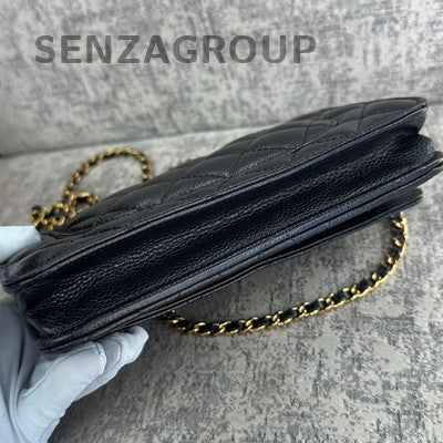 Chanel WOC Black Gold Caviar Leather Chain Shoulder Crossbody Bag Quilted