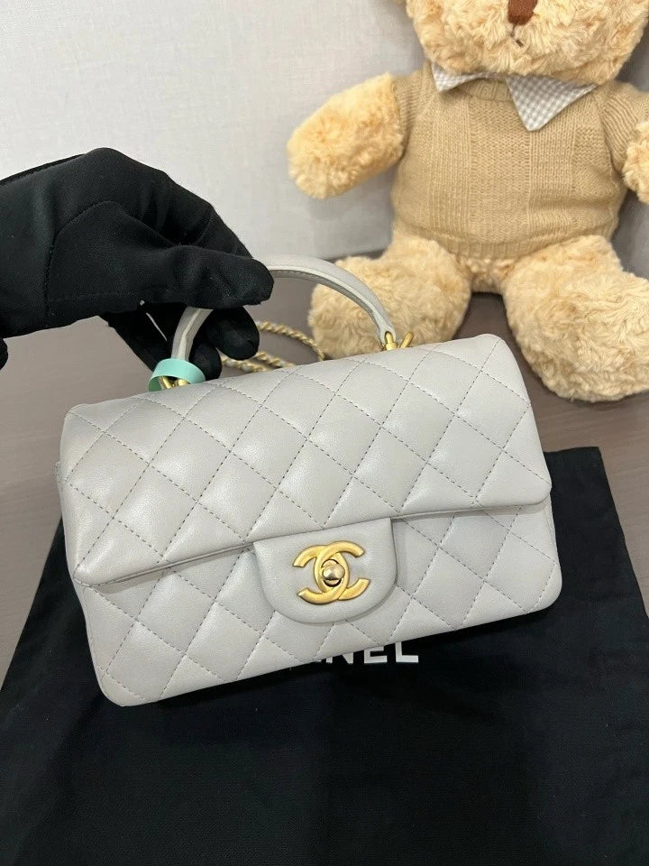 CHANEL Gray CF Handle Mini Leather Top Handle Shoulder Bag For Women