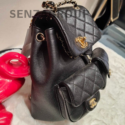 Chanel Duma Backpack Medium Black Gold Calfskin Leather Classic Women's