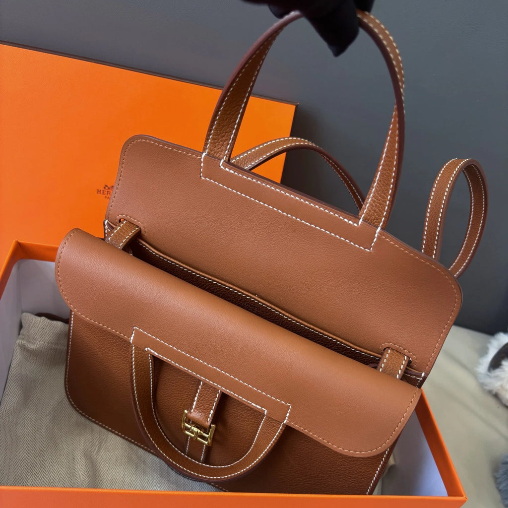 Excellent Hermes Halzan25 2Way Brown Gold Handbag Crossbody with Dust Bag Box