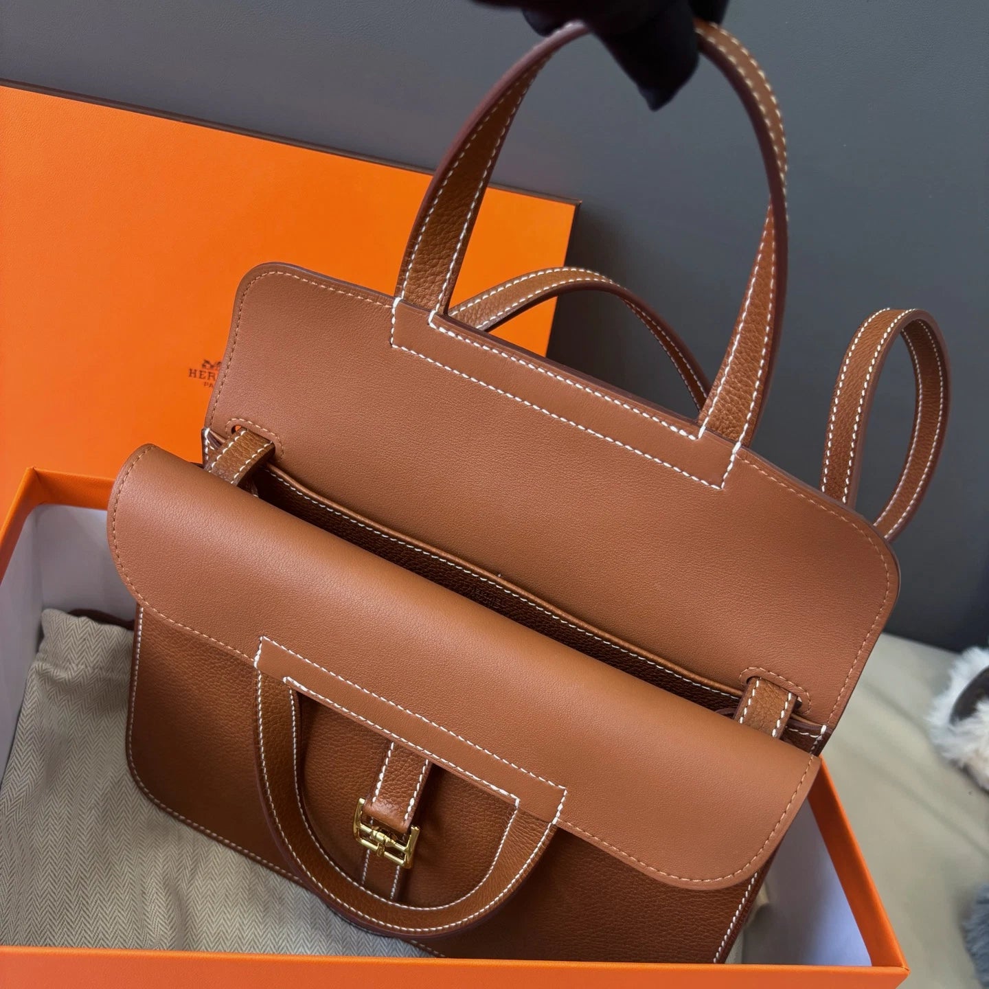 Excellent Hermes Halzan25 2Way Brown Gold Handbag Crossbody with Dust Bag Box