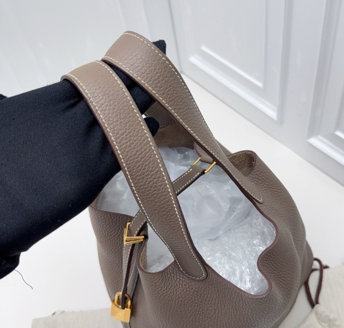 Hermes Picotin22 Top Handle Shoulder Bag Gray Gold Women Classic Fashion