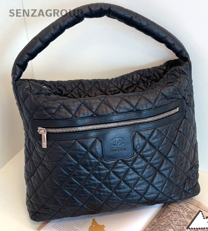 CHANEL Hobo Diamond pattern All Black sportline Shoulder bag Women Black