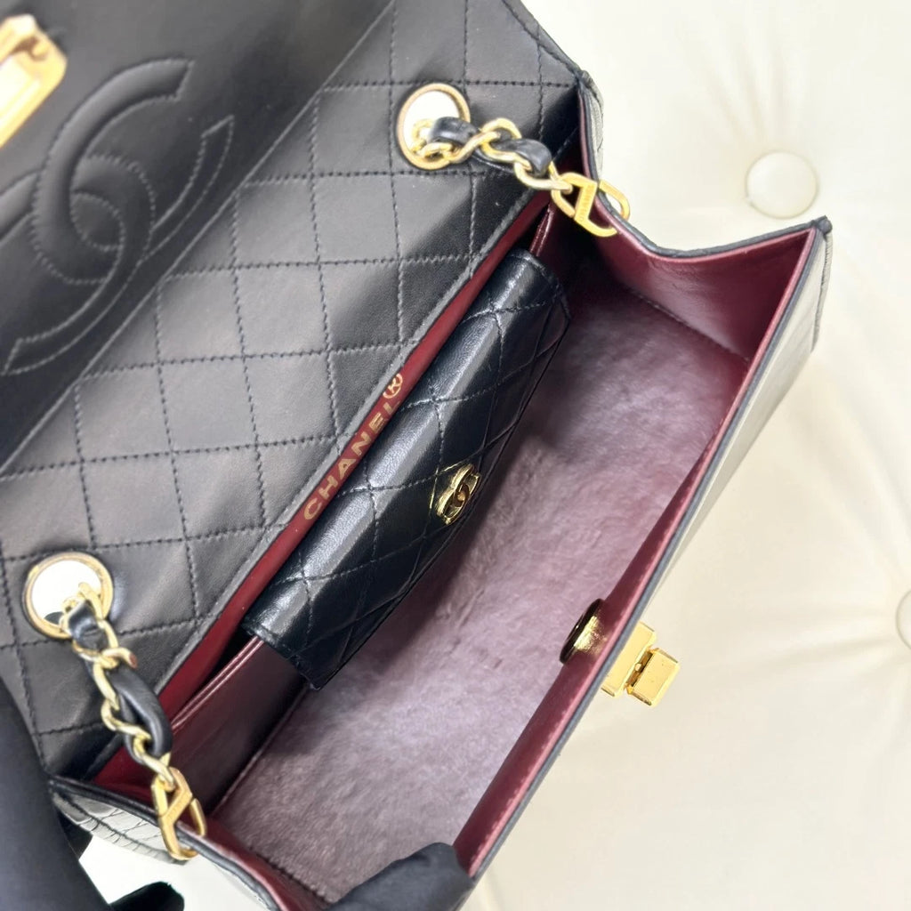 Chanel Vintage Classic Flap Chain Lambskin Shoulder Crossbody Bag Black Women S