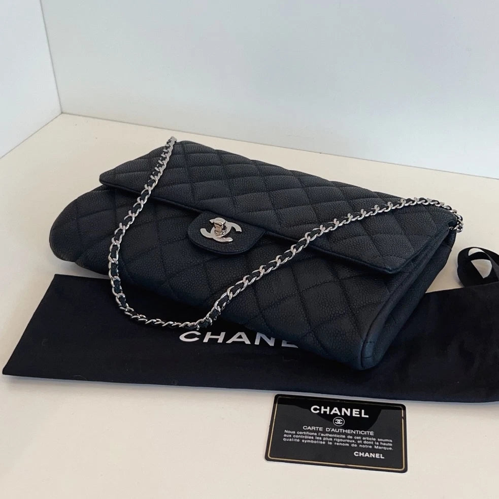 Excellent Chanel Classic Flap Timeless Black Clutch Chain Shoulder Bag SHW
