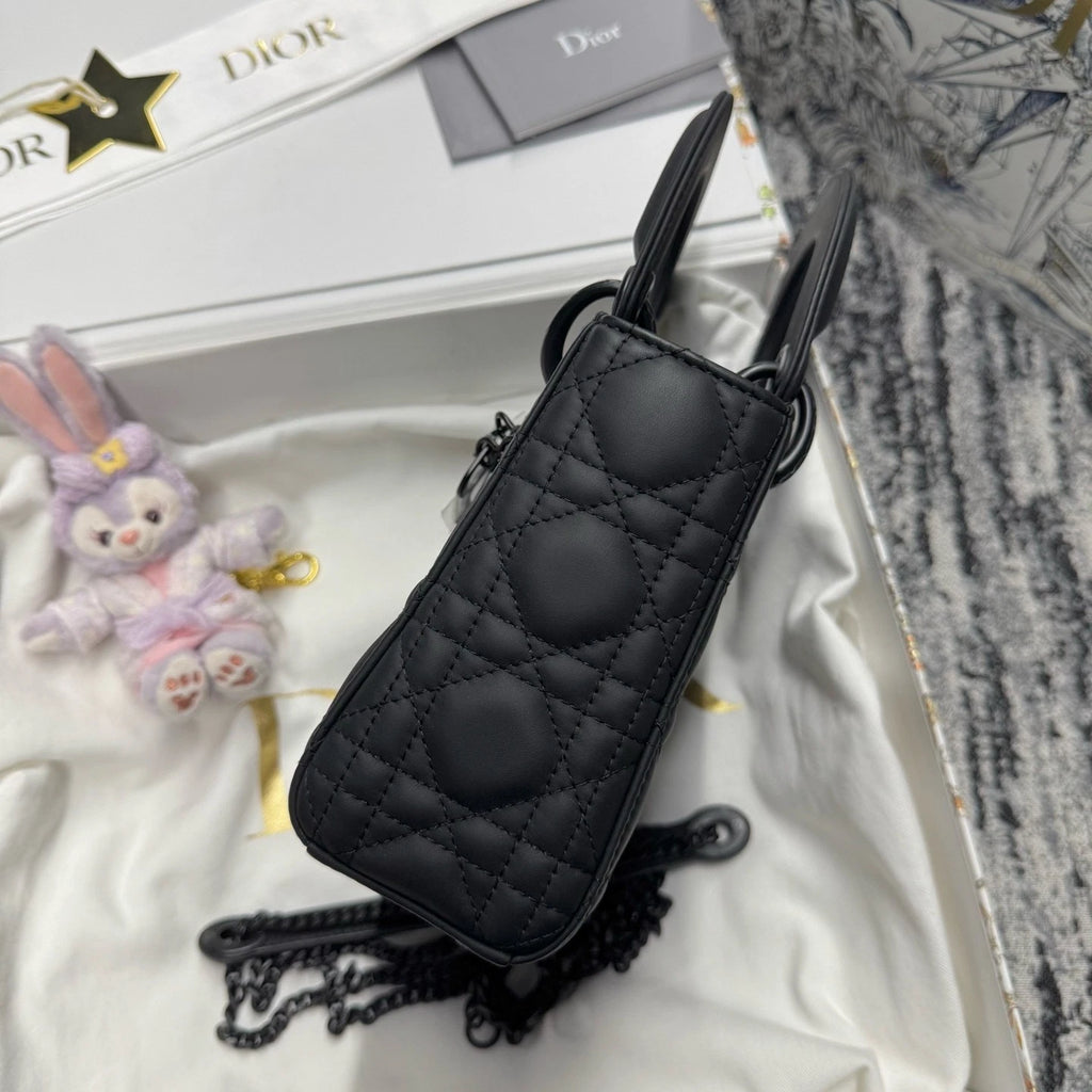 Dior Black Matte Leather 3-Grid Lady Dior Top Handle Bag For Women