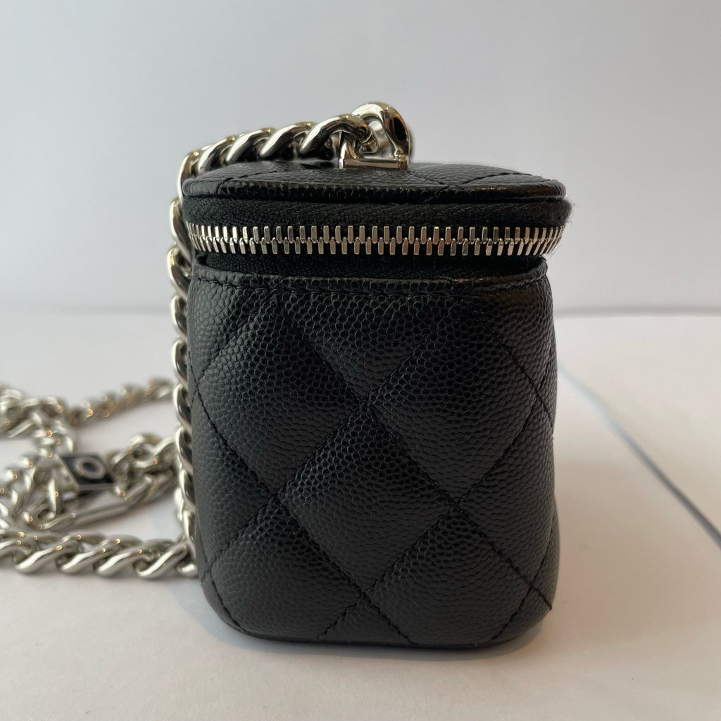 Chanel Vanity Case Mini Calfskin Chain Shoulder Bag Crossbody Black Silver Women