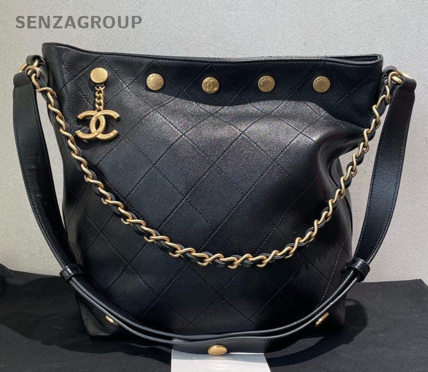 Chanel Lambskin Hobo Diamond Chain Shoulder Bag Black Gold Women Classic