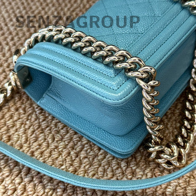 Chanel Lambskin Small Boy Bag Blue Gold Chain Crossbody Shoulder Bag