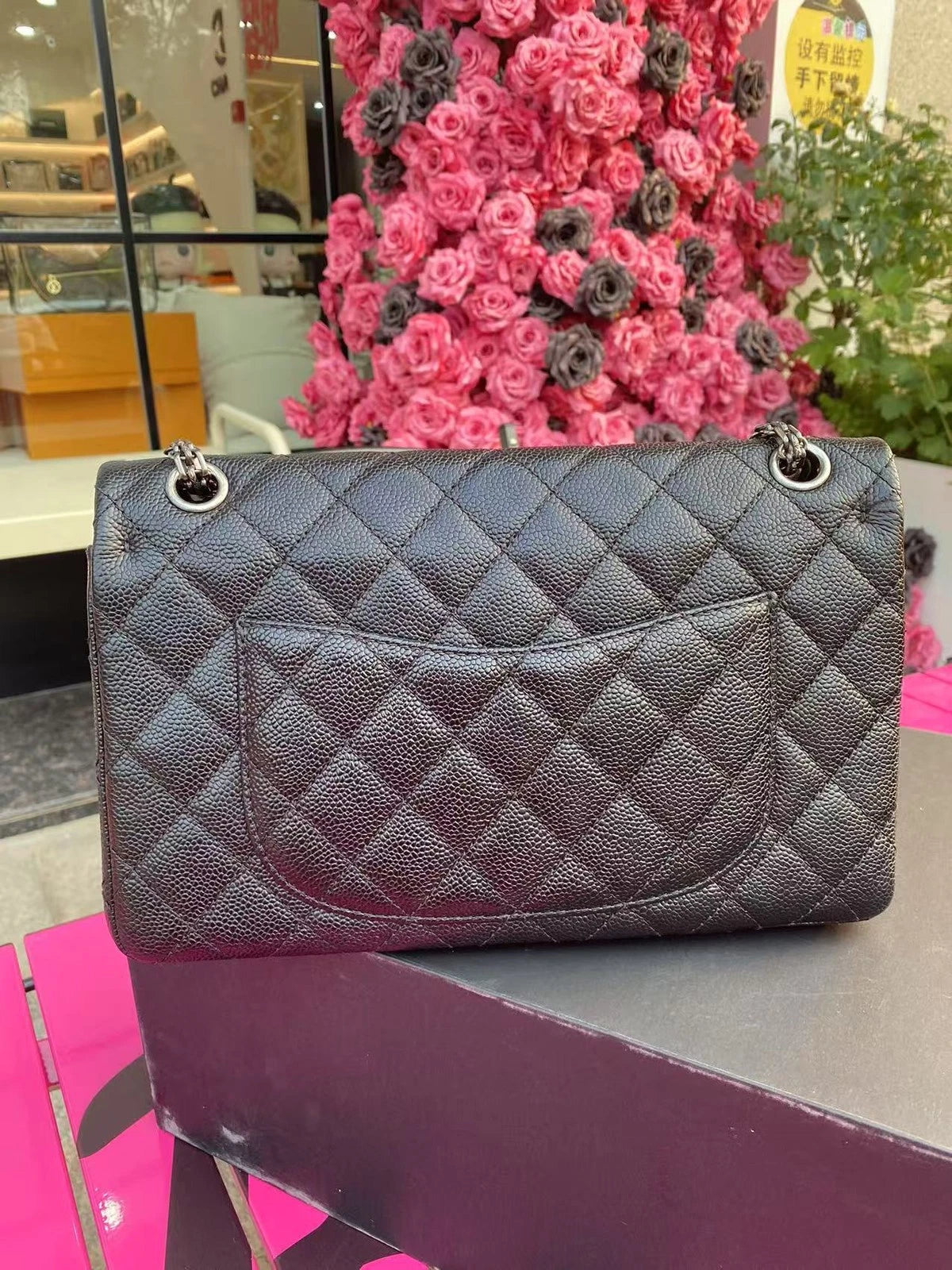 CHANEL Black Silver Leather Shoulder Crossbody Bag For Women