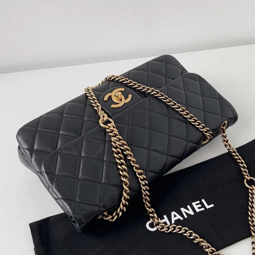Chanel Classic Flap Jumbo Calfskin Gold Coin Chain Black Shoulder Bag Crossbody