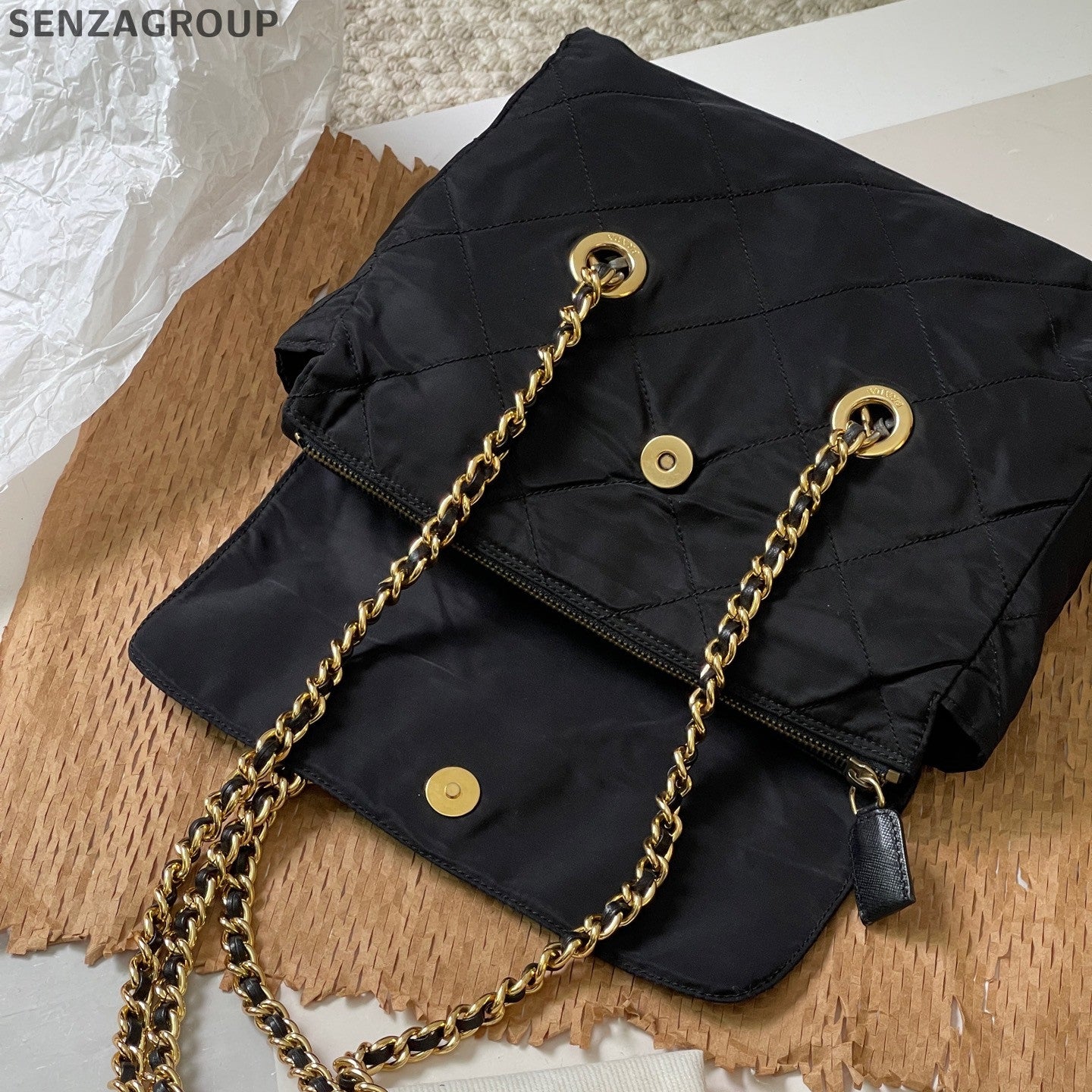 Prada Nylon Black Gold Chain Shoulder Crossbody Bag Classic Women