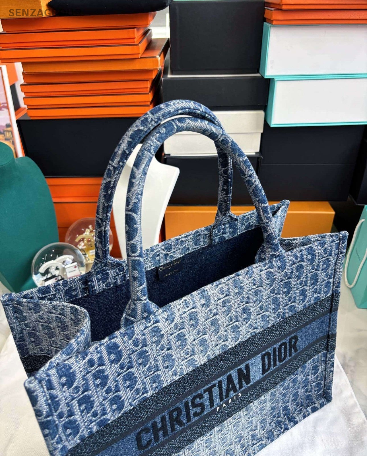 Christian Dior Book Tote MM Denim Oblique Top Handle Shoulder Bag Women Blue