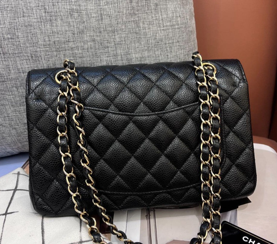 Chanel Classic Flap PM Chain Calfskin Shoulder Crossbody Black Gold Women