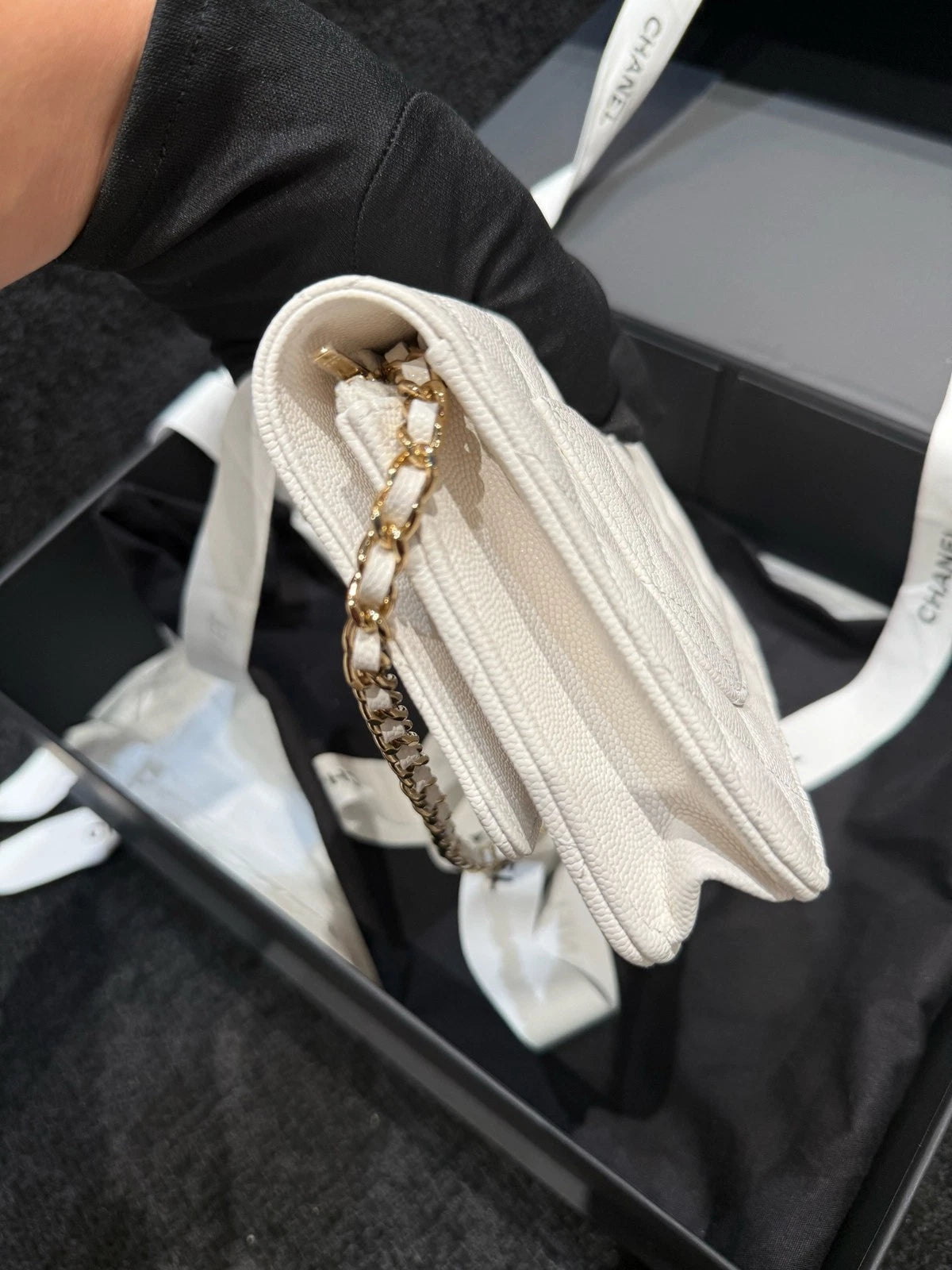 CHANEL Quilted White Leather WOC Gold Hardware Crossbody Bag For Women