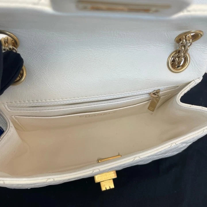CHANEL 2.55 Mini Chip Version White Gold Shoulder Crossbody Bag For Women