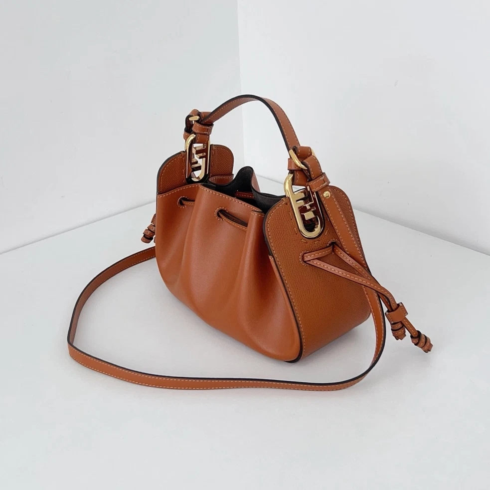 Excellent Fendi Pomodorino Bucket Top Handle Crossbody Bag Brown Gold Hardware