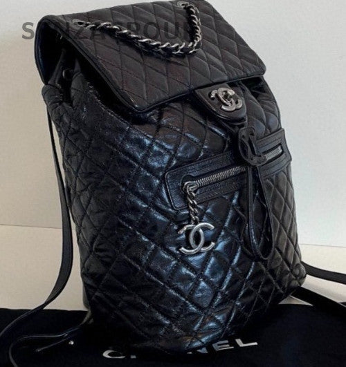Chanel Calfskin MM Backpack Black Silver Diamond Used Women Classic Designer
