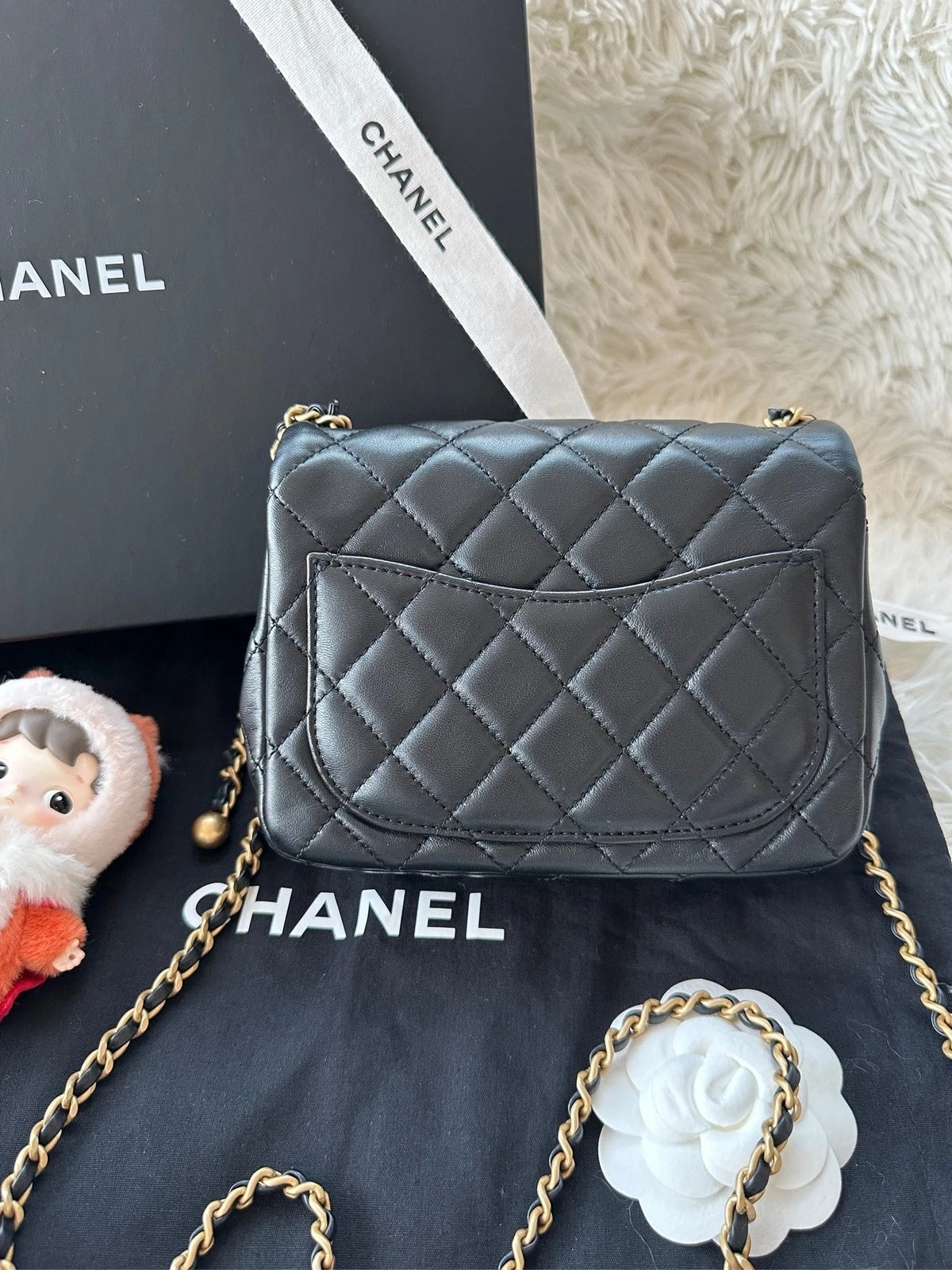CHANEL Black Lambskin Gold Chain Square Crossbody Bag For Women