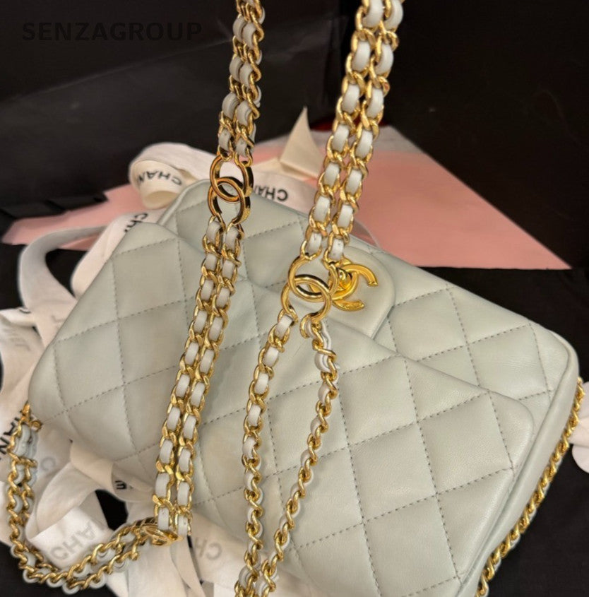 Chanel Classic Flap Mini Lambskin Chain Crossbody Shoulder Bag White Gold Women