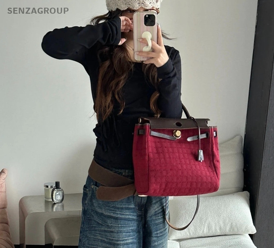 Hermes Herbag Zip31 Top Handle Bag Crossbody Red Silver Women Classic Vintage