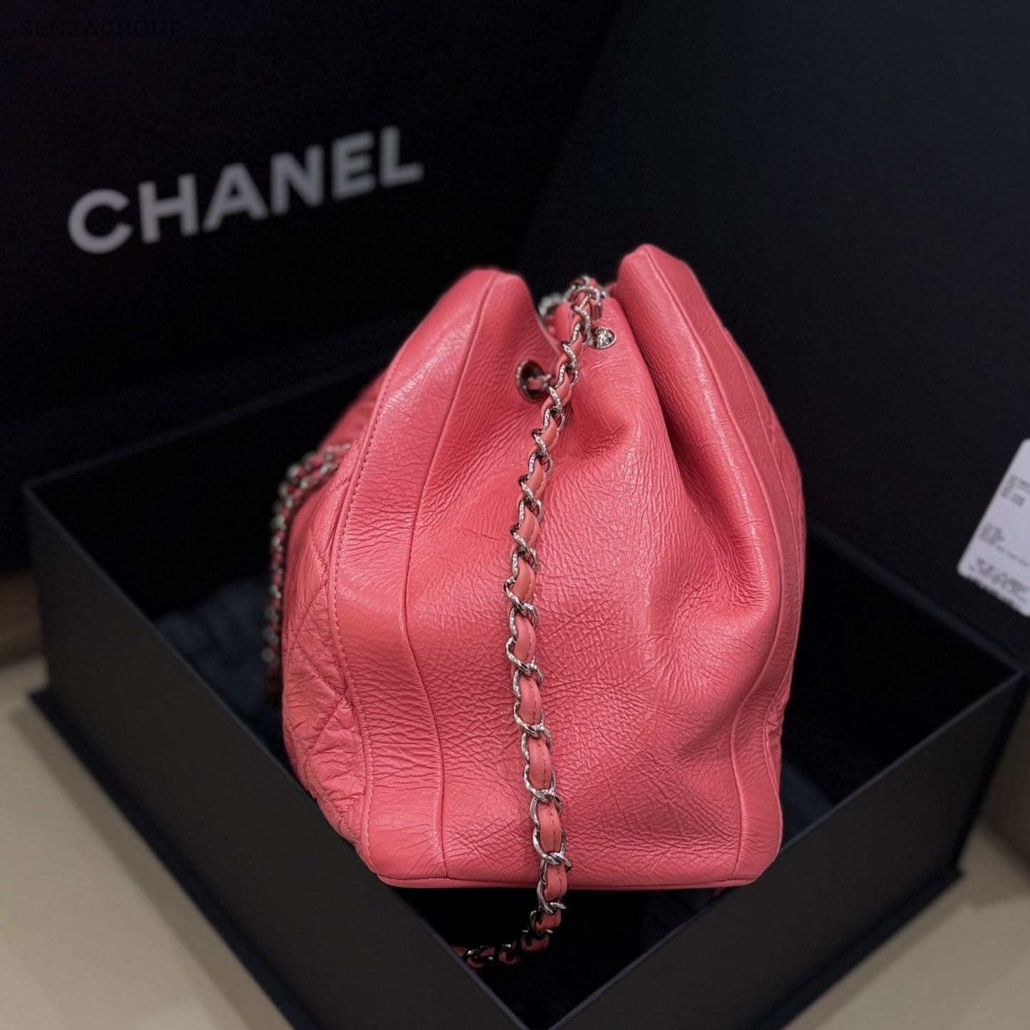 CHANEL Drawstring Bucket Oil waxed leather Chain Shoulder bag Pink Women