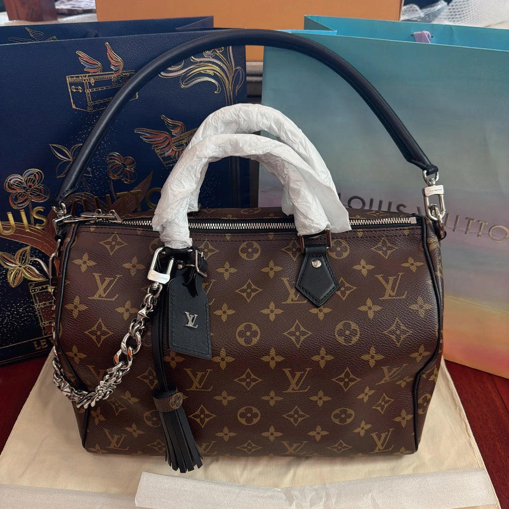 Louis Vuitton Speedy30 Monogram Top Handle Shoulder Bag Black Silver Women