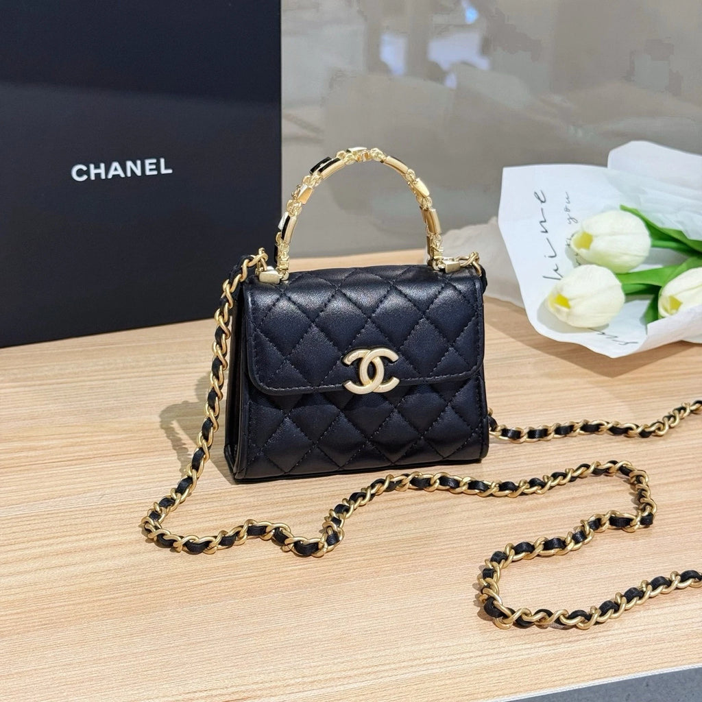 CHANEL Leather Black Gold Kelly Mini Top Handle Bag For Women
