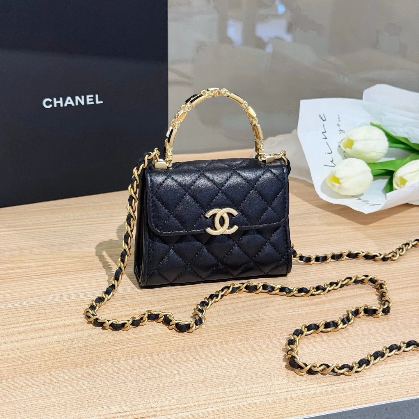 CHANEL Leather Black Gold Kelly Mini Top Handle Bag For Women