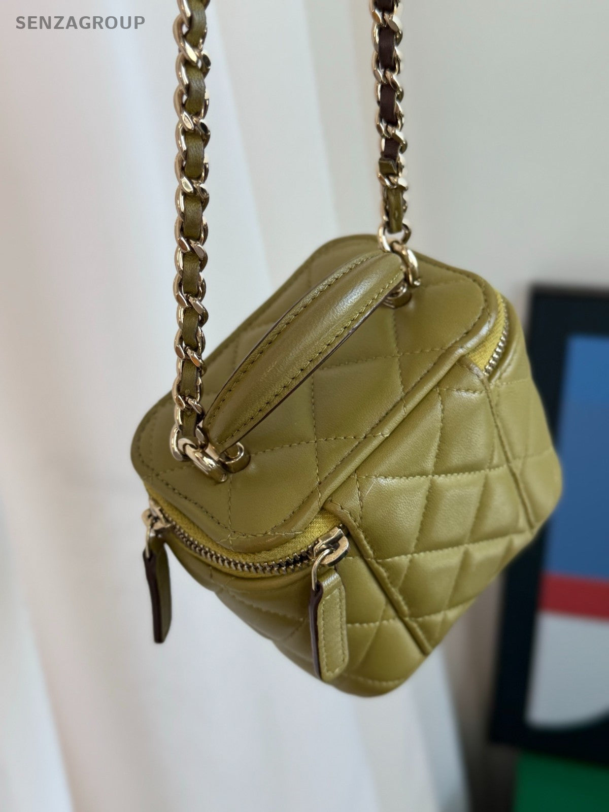 CHANEL Vanity Box mini Top handle 2way Chain Shoulder Handbag Women Olive green