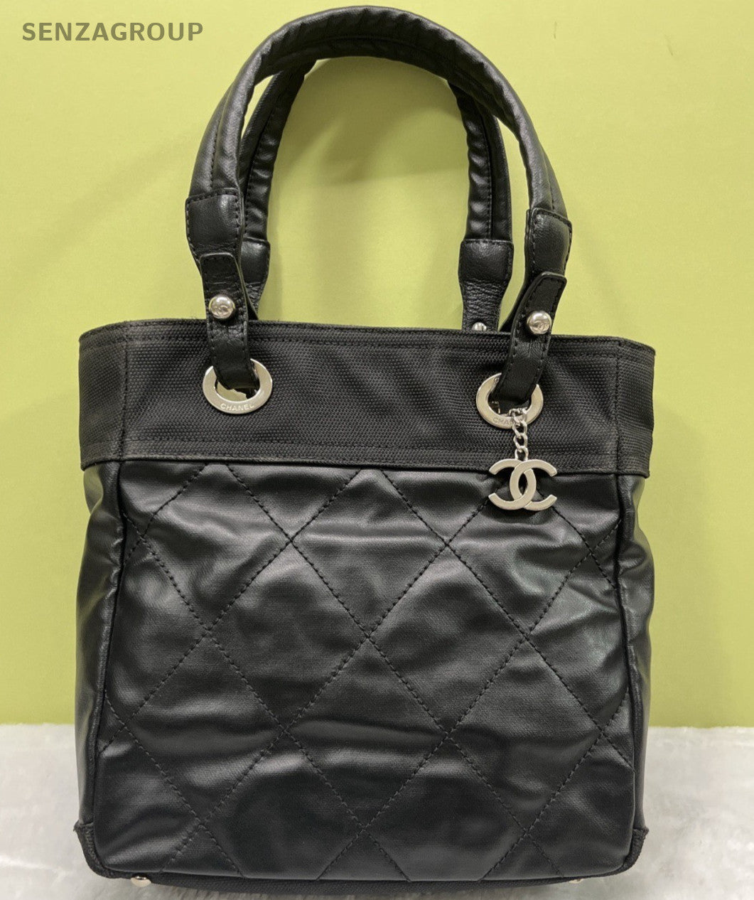 Chanel CC Logo Diamond Tote Shoulder Bag Black Silver Women Classic