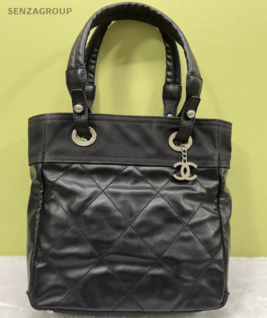 Chanel CC Logo Diamond Tote Shoulder Bag Black Silver Women Classic