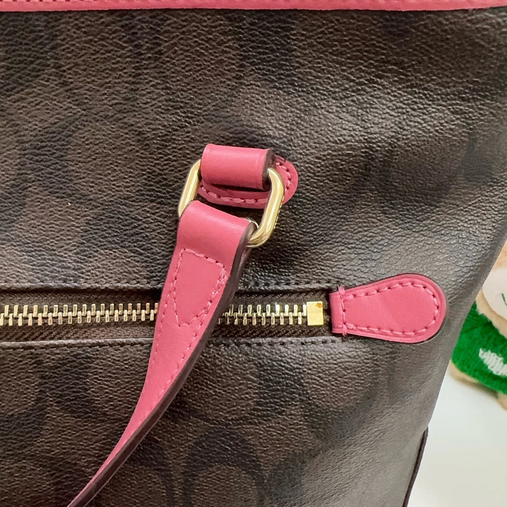 COACH Classic Monogram Canvas Leather Zip Top Tote Shoulder Bag For Women