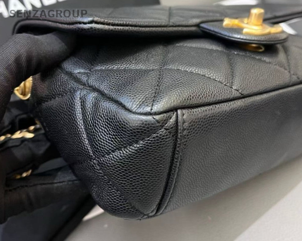 Chanel Calfskin Chain Diamond Shoulder Bag Crossbody Black Gold Women Fashion