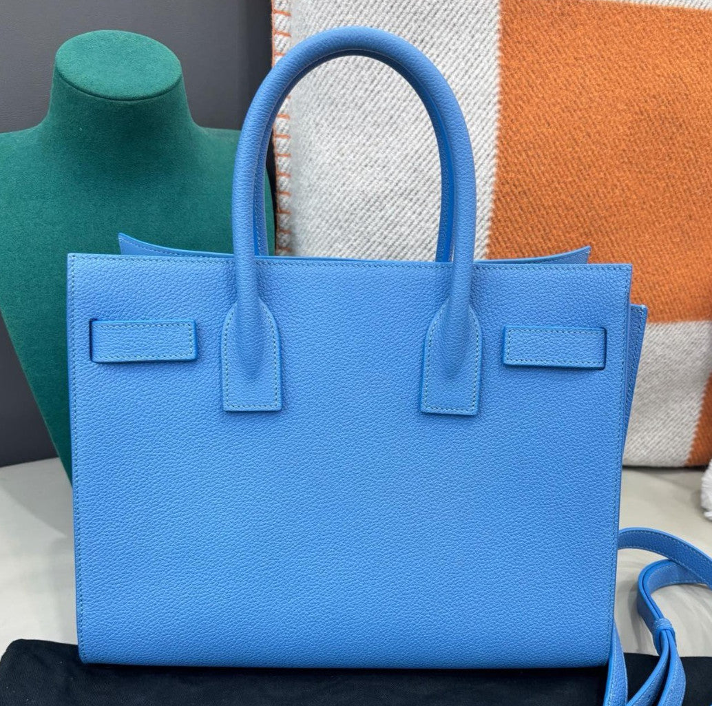 Saint Laurent Calfskin Tote Top Handle Bag Crossbody Blue Silver Women Classic