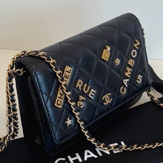 Authentic Chanel WOC Diamond Chain Black Shoulder Bag Crossbody Gold Hardware
