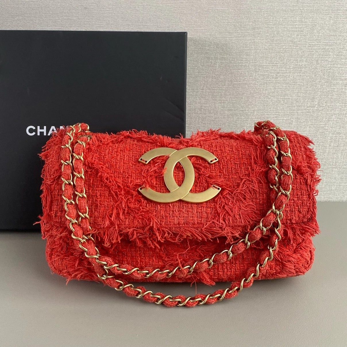 Chanel CC Logo Chain Shoulder Bag Red Gold Women Classic