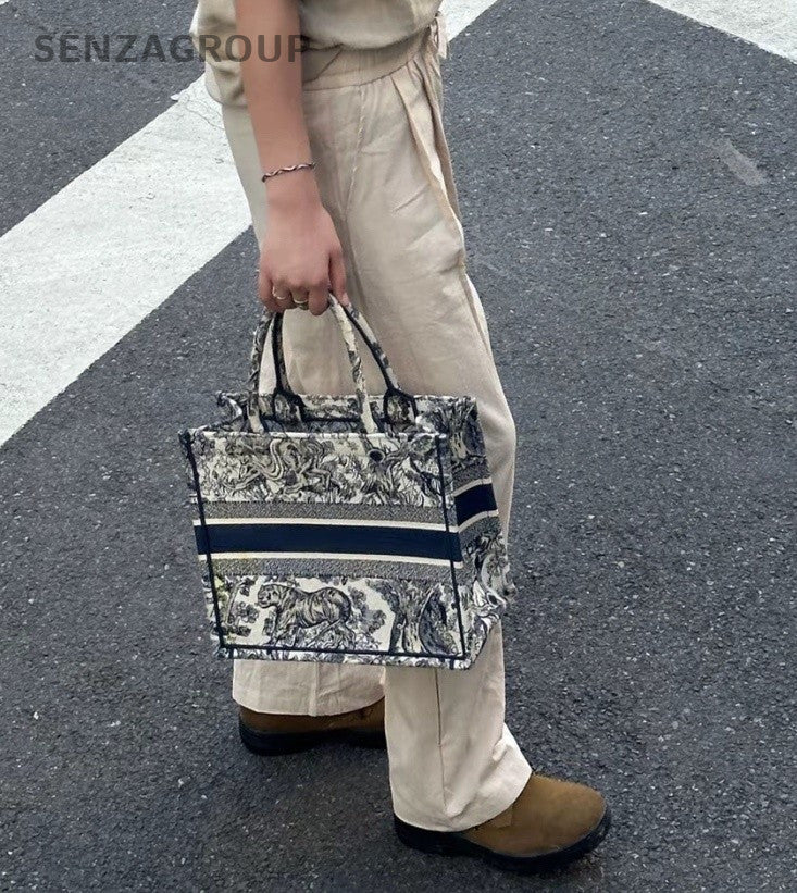 Christian Dior Book Tote Blue Zoo Tote Top Handle Shoulder Bag Women Blue