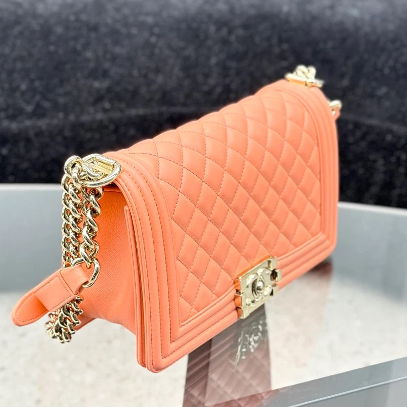 Chanel Leboy MM Calfskin Chain Shoulder Bag Crossbody Orange Gold Women S