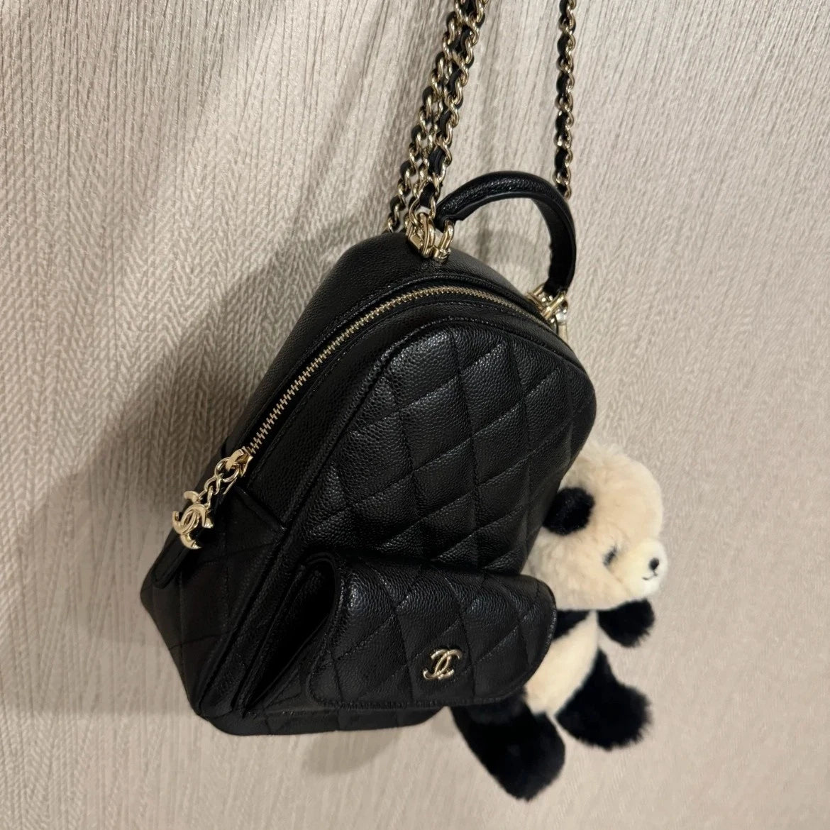CHANEL Calfskin Black Gold Mini Backpack For Women